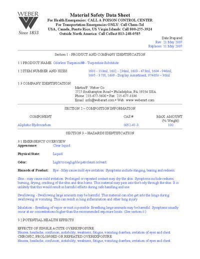 Mart in/F. Weber Odorless Turpenoid® Turpentine Substitute Datasheet - cover page