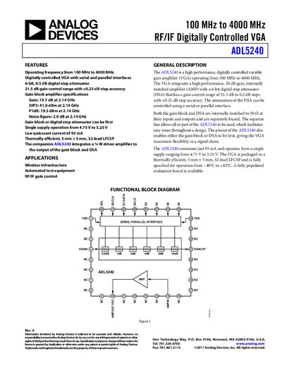 Analog Devices ADL5240 RF/IF Digitally Controlled VGA Datasheet - cover page