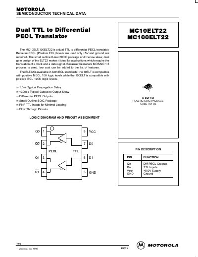 Motorola MC10ELT22/MC100ELT22 Dual TTL to Differential PECL Translator Datasheet - cover page