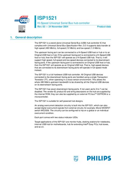 Philips ISP1521 USB Hub Controller Datasheet - cover page