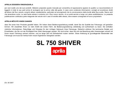 Aprilia SL 750 Shiver User Manual - cover page