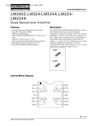 Fairchild LM2902/LM324/LM324A/LM224/LM224A Quad Operational Amplifier Datasheet - cover page