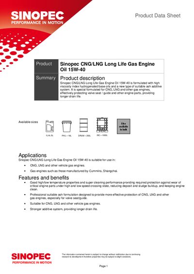 Sinopec 15W-40 CNG/LNG Long Life Gas Engine Oil Data Sheet - cover page