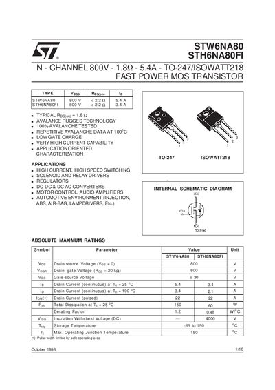 STMicroelectronics STW6NA80 / STH6NA80FI Datasheet - cover page