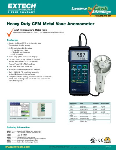 EXTECH 407113 Heavy Duty CFM Metal Vane Anemometer Product Datasheet - cover page