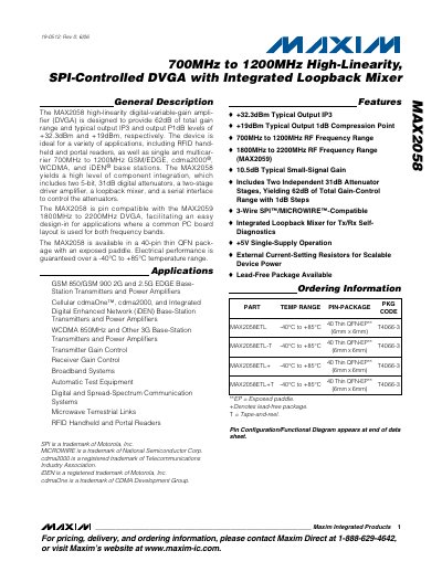 Maxim MAX2058 Digital Variable Gain Amplifier Datasheet