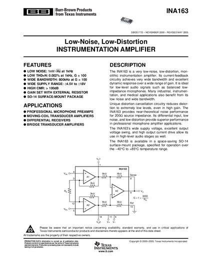 Texas Instruments INA163 Instrumentation Amplifier Datasheet - cover page