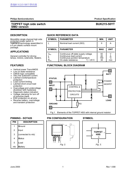Philips BUK215-50YT TOPFET High Side Switch Datasheet - cover page