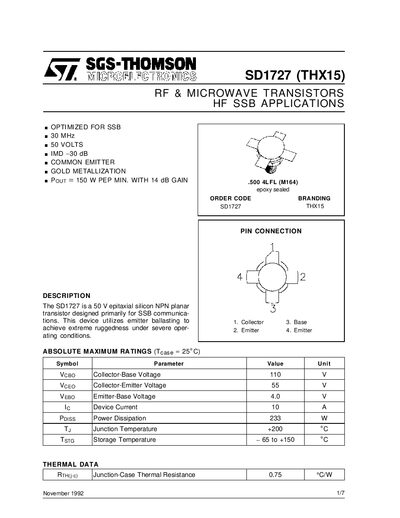 SGS-THOMSON SD1727 (THX15) RF & Microwave Transistor Datasheet - cover page