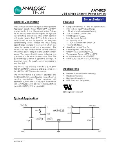 AnalogicTech AAT4625 USB Single-Channel Power Switch Datasheet - cover page