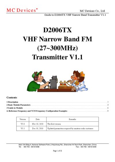 MC Devices D2006TX VHF Narrow Band Transmitter Guide - cover page