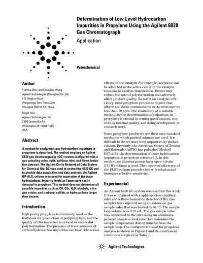 Agilent 6820 Gas Chromatograph Application Note: Determination of Low Level Hydrocarbon Impurities in Propylene - cover page