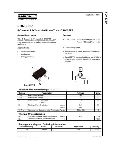 Fairchild Semiconductor FDN338P P-Channel MOSFET Datasheet - cover page