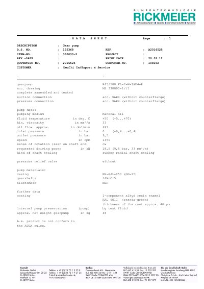 RICKMEIER R65/500 FL-Z-W-SAE4-R technology data - cover page