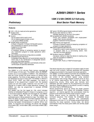 AMIC A29001/A290011 Series Boot Sector Flash Memory Datasheet - cover page