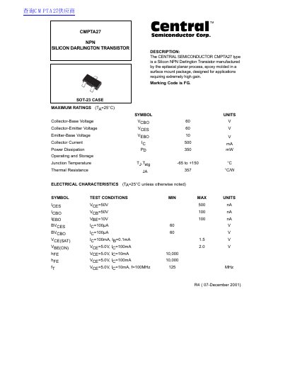 Central Semiconductor CMPTA27 NPN Silicon Darlington Transistor Datasheet - cover page