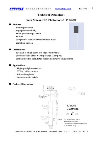 Shuguan PD753B Silicon PIN Photodiode Technical Data Sheet