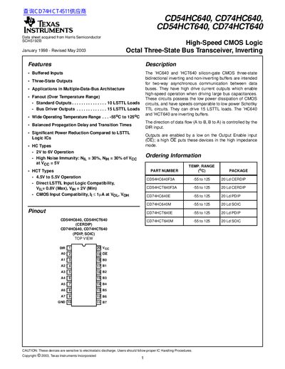 Texas Instruments CD54HC640 CD74HC640 CD54HCT640 CD74HCT640 High-Speed CMOS Logic Octal Three-State Bus Transceiver Inve - cover page