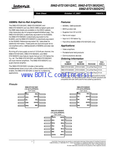 Intersil 5962-0721301QXC 500MHz Rail-to-Rail Amplifier Datasheet - cover page