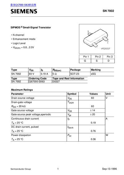 Siemens SN 7002 SIPMOS Small-Signal Transistor Datasheet - cover page