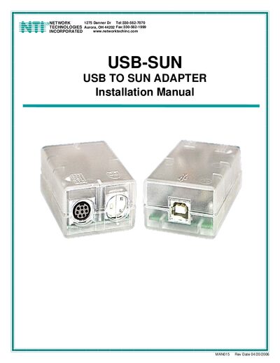 Network Technologies NTI USB-SUN Adapter Installation Manual - cover page
