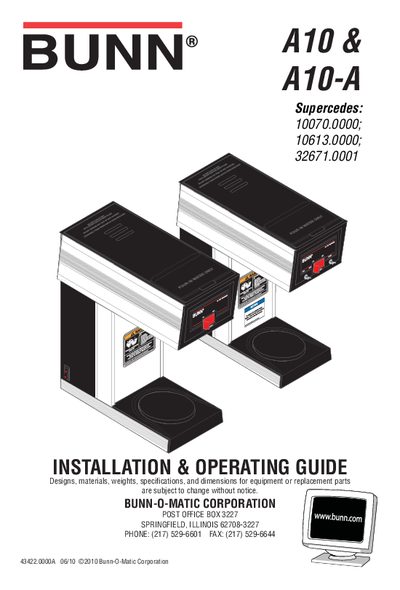 Bunn A10/A10-A Coffee Brewer Installation & Operating Guide - cover page