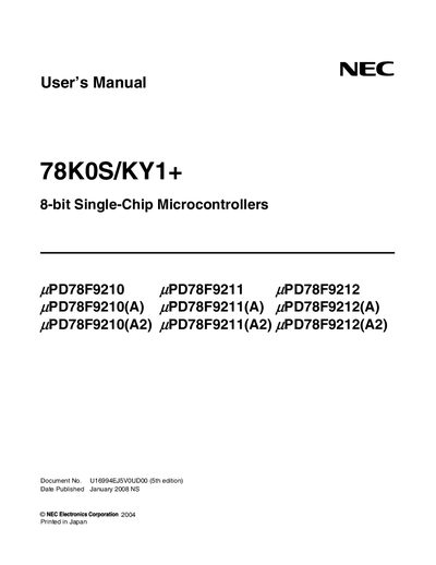 NEC 78K0S/KY1+ User Manual PD78F9210 PD78F9211 PD78F9212 PD78F9210(A) - cover page