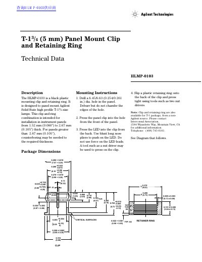 Agilent Technologies HLMP-0103 T-13 /4 (5 mm) Panel Mount Clip Retaining Ring Technical Data