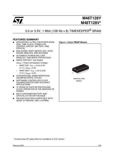 STMicroelectronics M48T128Y/M48T128V Timekeeper SRAM Handbook - cover page