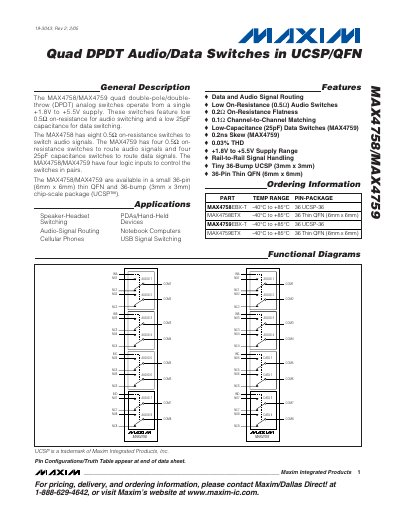 Maxim MAX4758/MAX4759 Quad DPDT Audio/Data Switches Datasheet - cover page