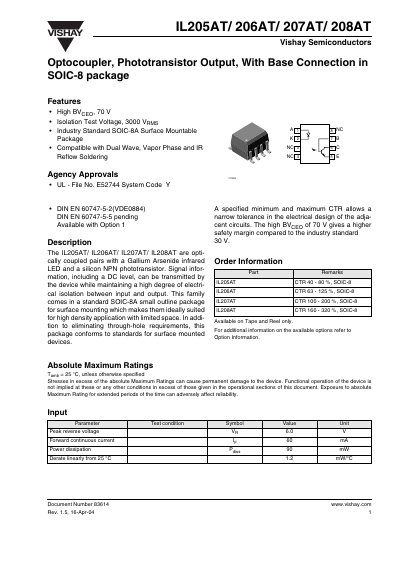 Vishay IL205AT/IL206AT/IL207AT/IL208AT Optocoupler Datasheet - cover page