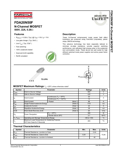 Fairchild Semiconductor FDA20N50F N-Channel MOSFET Datasheet - cover page