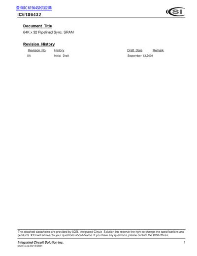 CSI IC61S6432 64K x 32 SYNCHRONOUS PIPELINE STATIC RAM - cover page