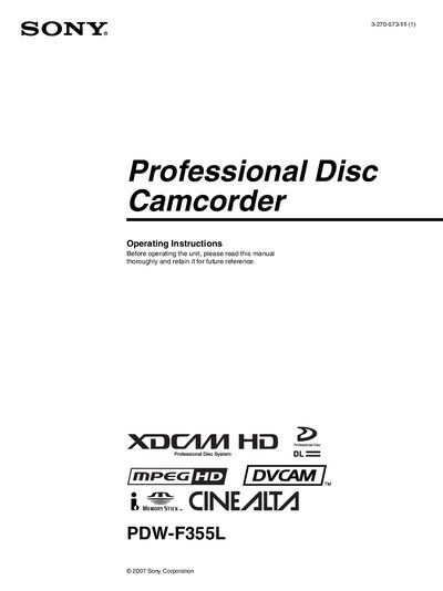 Sony PDW-F355L Professional Disc Camcorder Operating Manual - cover page