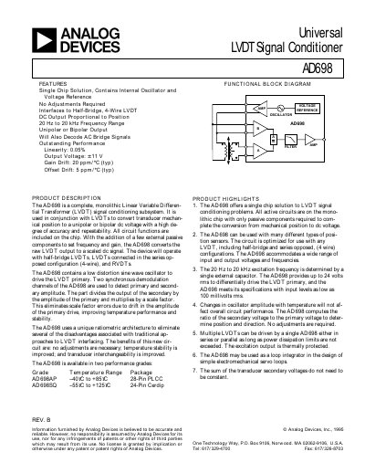 Analog Devices AD698 LVDT Signal Conditioner Handbook - cover page