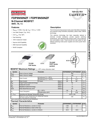 Fairchild FDP8N50NZF/FDPF8N50NZF N-Channel MOSFET Datasheet - cover page