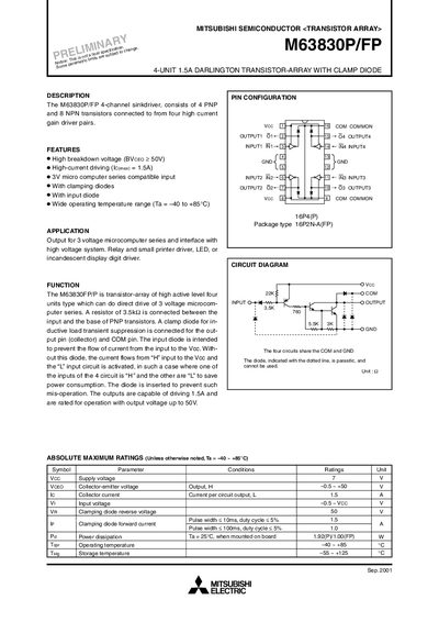 Mitsubishi M63830P/FP Transistor Array Datasheet - cover page
