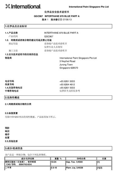 International Paint INTERTHANE 870 Blue Part A Safety Data Sheet - cover page