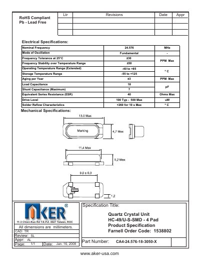 AKER Quartz Crystal Unit HC-49/U-S-SMD - 4 Pad Product Speci cation TR Farnell Order Code: 1538802 - cover page