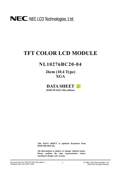 NEC NL10276BC20-04 LCD Module Datasheet - cover page