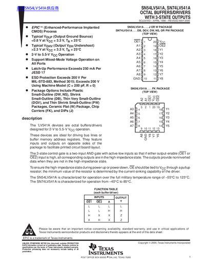 Texas Instruments SN54LV541A SN74LV541A Datasheet - cover page