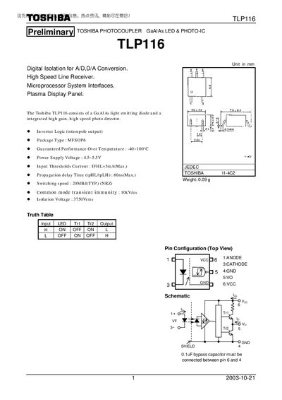 Toshiba TLP116 Photocoupler Datasheet - cover page