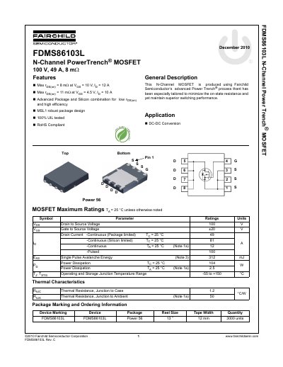 Fairchild FDMS86103L N-Channel MOSFET Datasheet - cover page