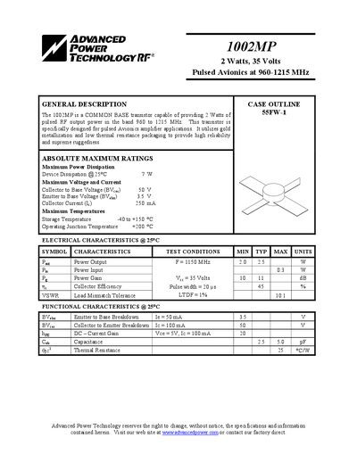 Advanced Power Technology 1002MP Pulsed RF Transistor Datasheet - cover page