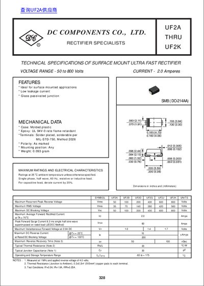 DC Components UF2A-UF2K Ultra Fast Rectifier Datasheet - cover page