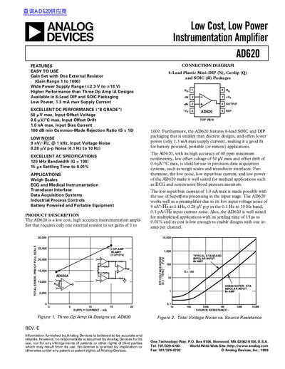 Analog Devices AD620 Instrumentation Amplifier Datasheet - cover page
