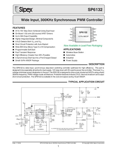 Sipex SP6132 Synchronous PWM Controller Datasheet - cover page
