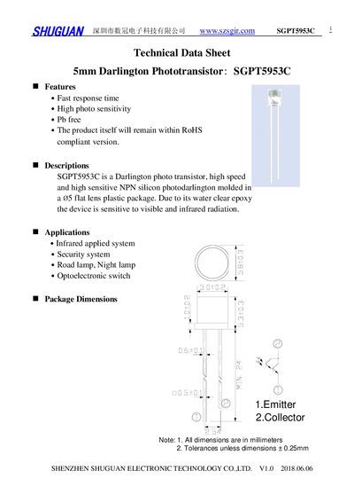 Shuguan SGPT5953C 5mm Darlington Phototransistor Technical Data Sheet