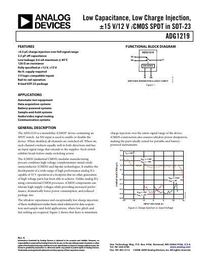 ANALOG DEVICES Low Capacitance Low Charge Injection &plusmn;15 V/12 V iCMOS SPDT in SOT-23 ADG1219 handbook - cover page