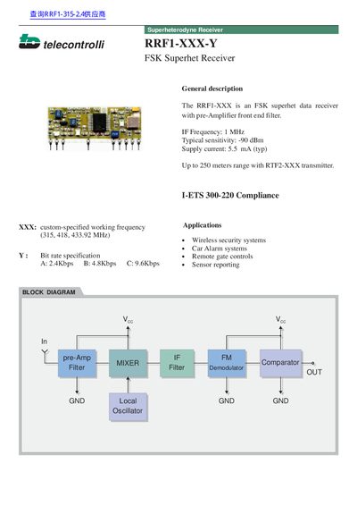 HEAD RRF1-XXX-Y FSK Superhet Receiver Datasheet - cover page
